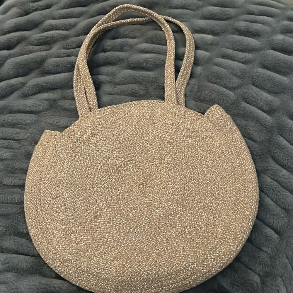 Nordstrom Shoulder Bag Chic Round Woven Tan Fiber With Silver Threads - NEW